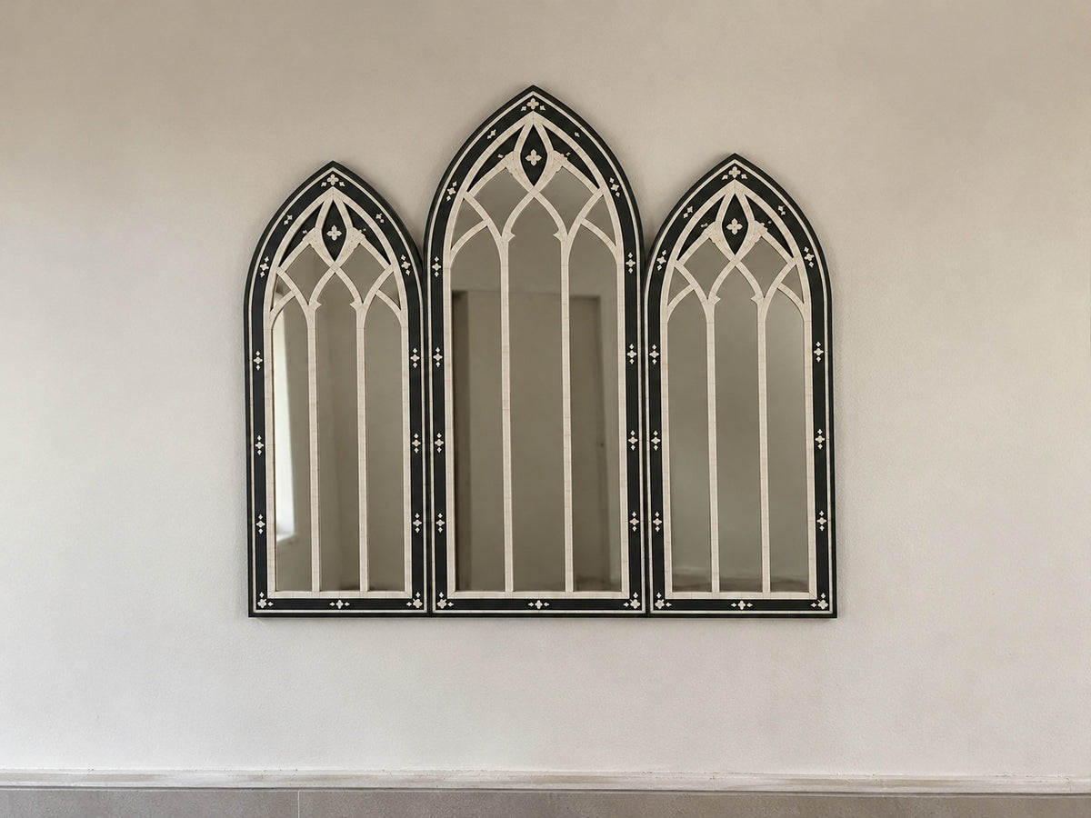 Gothic Arch Bone Inlay Wall Mirror | Black Triptych Arched Mirror