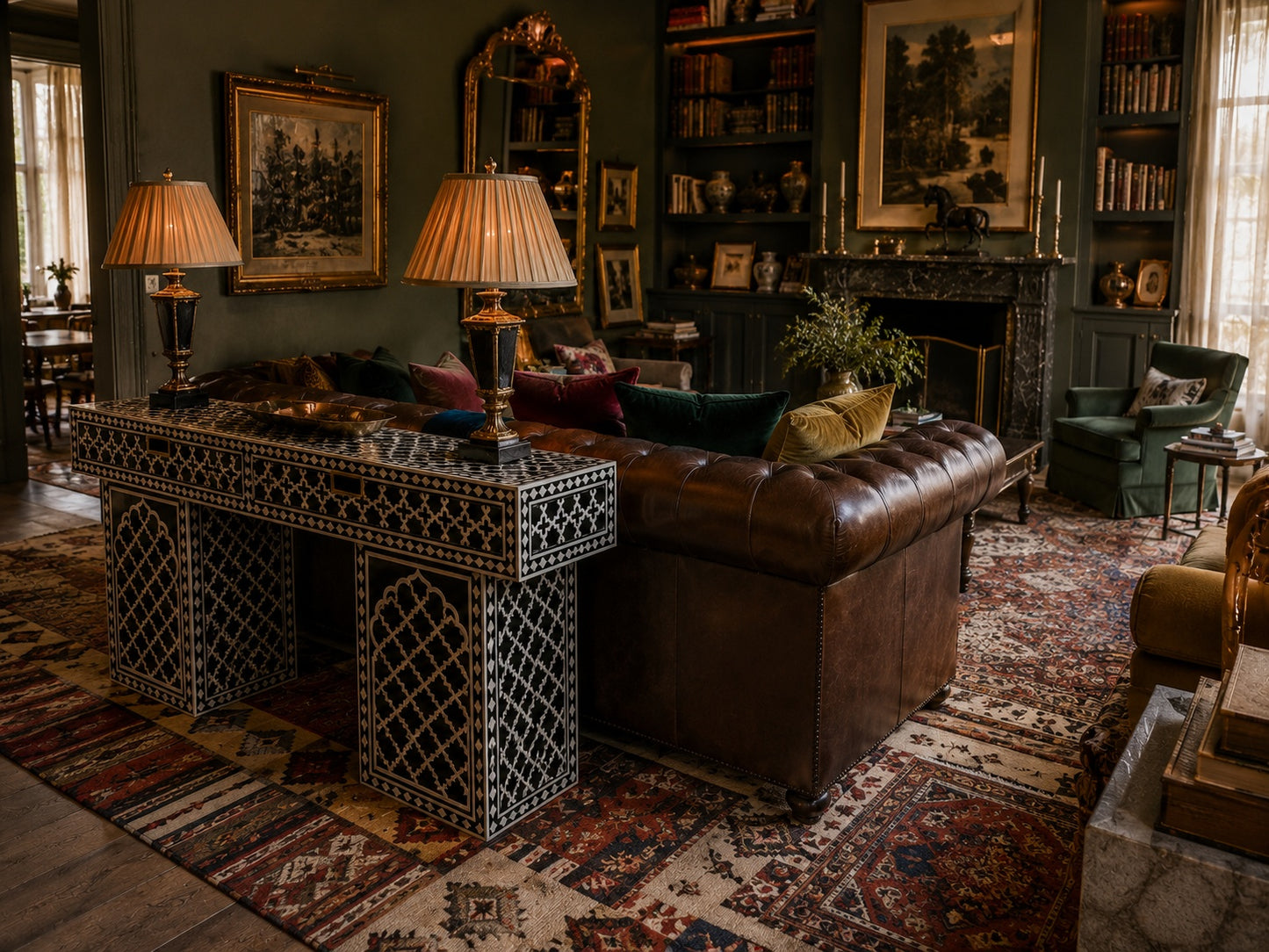 Black Bone Inlay Console Table | Moorish Lattice, 2 Drawers