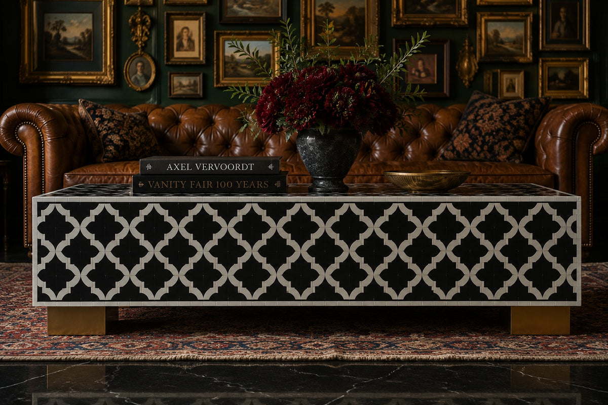 Black & White Bone Inlay Coffee Table | Moroccan Trellis Rectangular