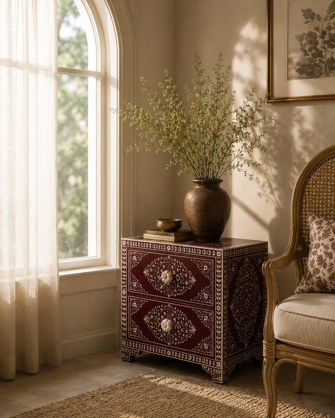 Burgundy Bone Inlay Nightstand | Floral 2-Drawer Bedside Table