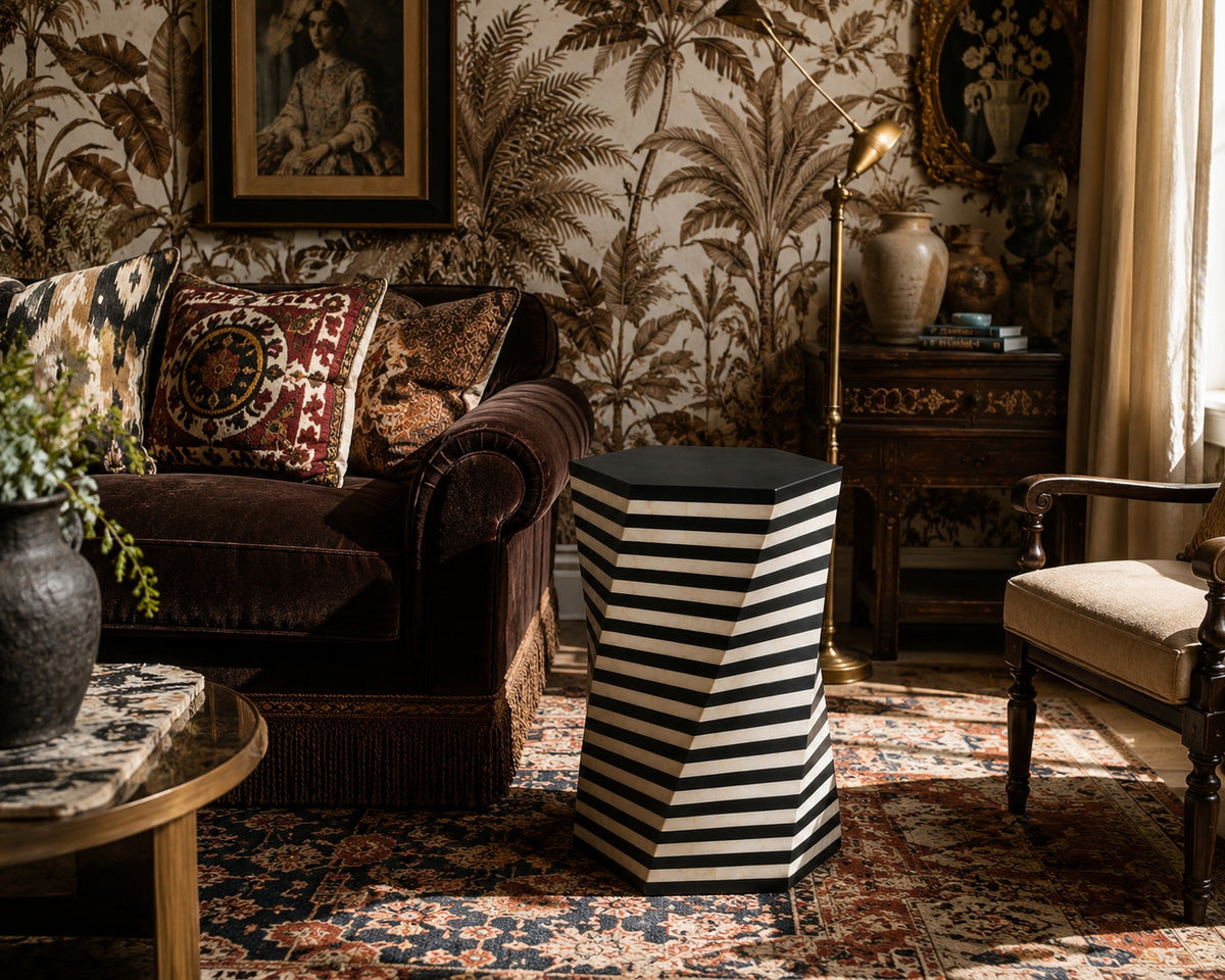 Black & White Bone Inlay Side Table | Striped Hexagonal End Table