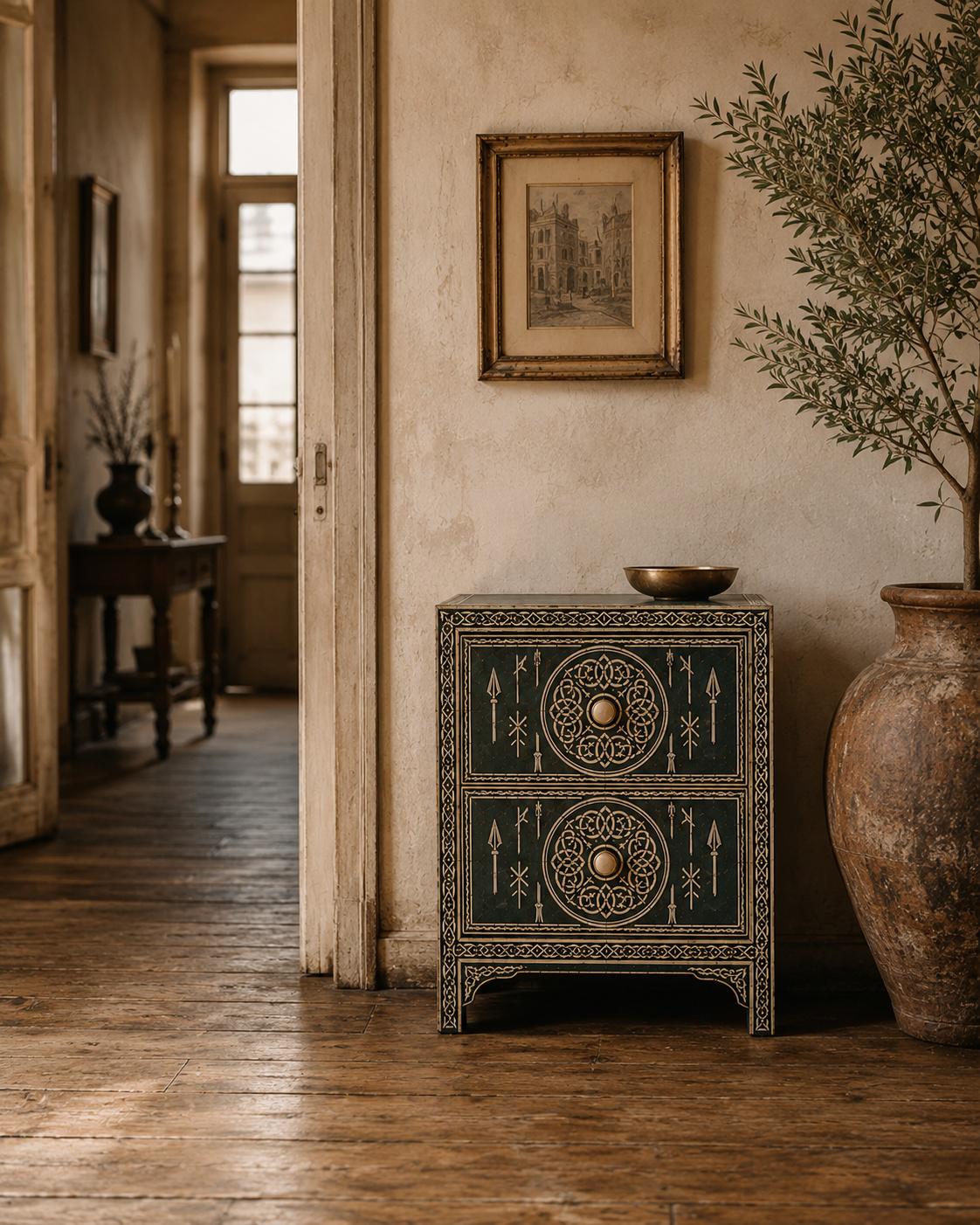 Emerald Green Bone Inlay Nightstand | Moroccan 2-Drawer Table