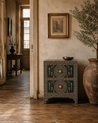 Emerald Green Bone Inlay Nightstand | Moroccan 2-Drawer Table