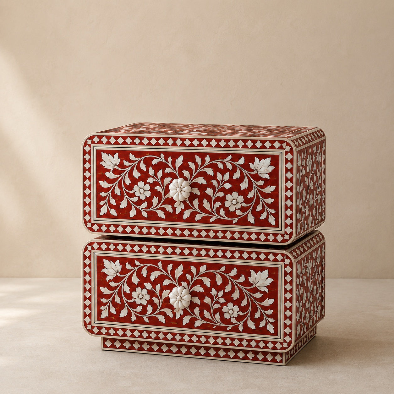 Crimson Red Mother of Pearl Inlay Nightstand — Handcrafted 2-Drawer Bedside Table