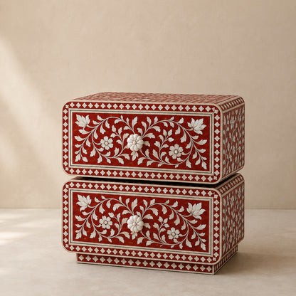Crimson Red Mother of Pearl Inlay Nightstand — Handcrafted 2-Drawer Bedside Table