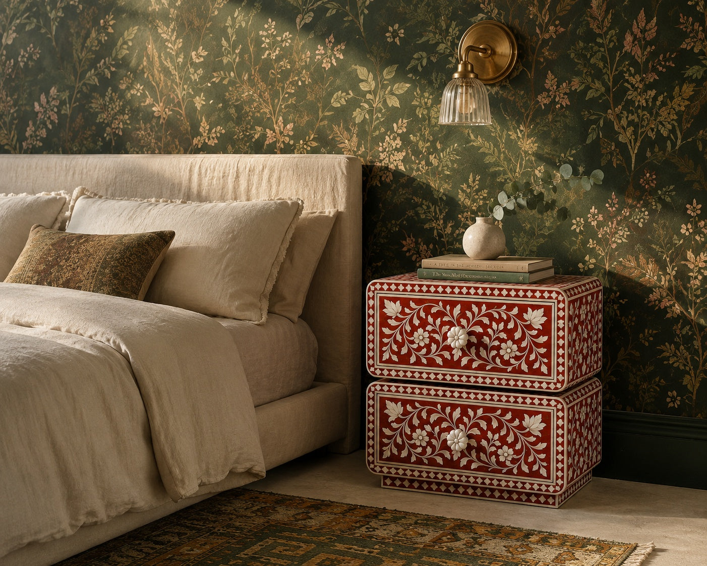 Crimson Red Mother of Pearl Inlay Nightstand — Handcrafted 2-Drawer Bedside Table