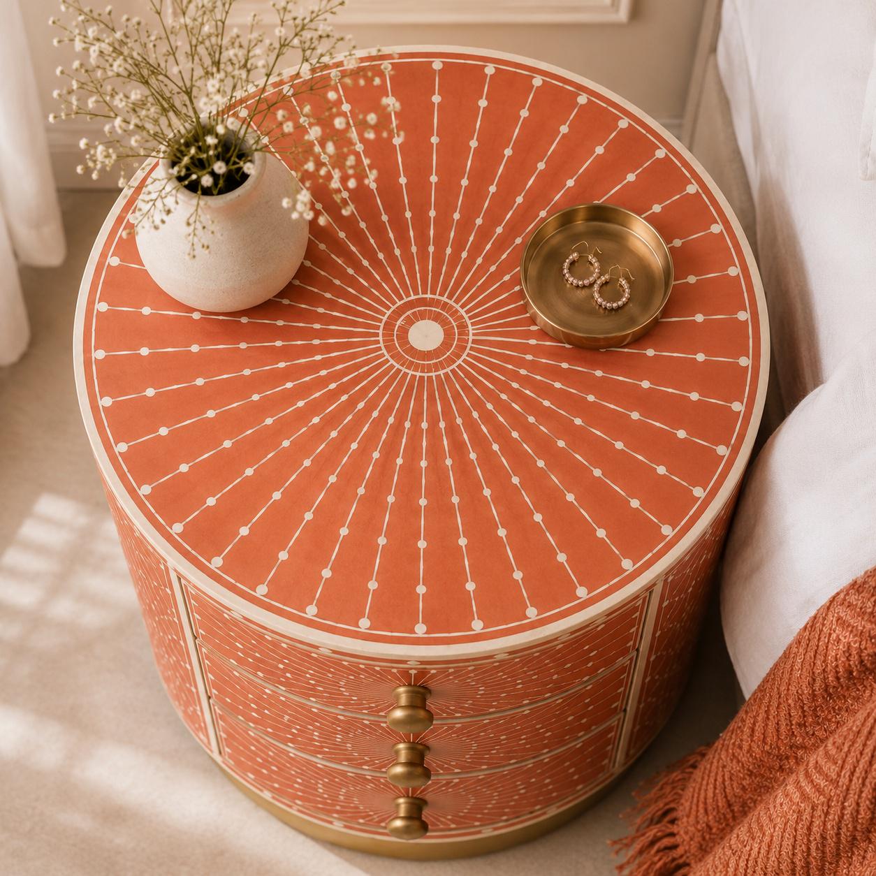 Round Bone Inlay Nightstand | Terracotta 3-Drawer Drum Table