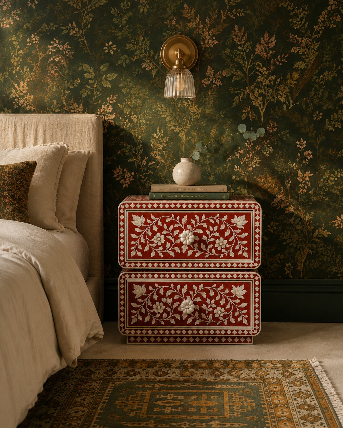Crimson Red Mother of Pearl Inlay Nightstand — Handcrafted 2-Drawer Bedside Table