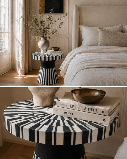 Bone Inlay Side Table | Black and White Striped Drum Accent Table
