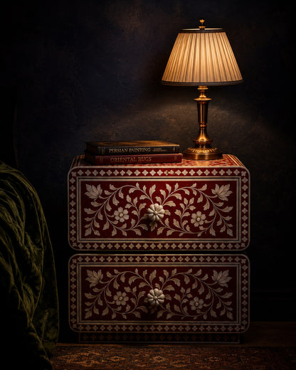 Crimson Red Mother of Pearl Inlay Nightstand — Handcrafted 2-Drawer Bedside Table