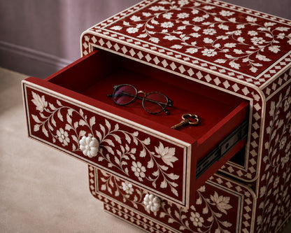 Crimson Red Mother of Pearl Inlay Nightstand — Handcrafted 2-Drawer Bedside Table