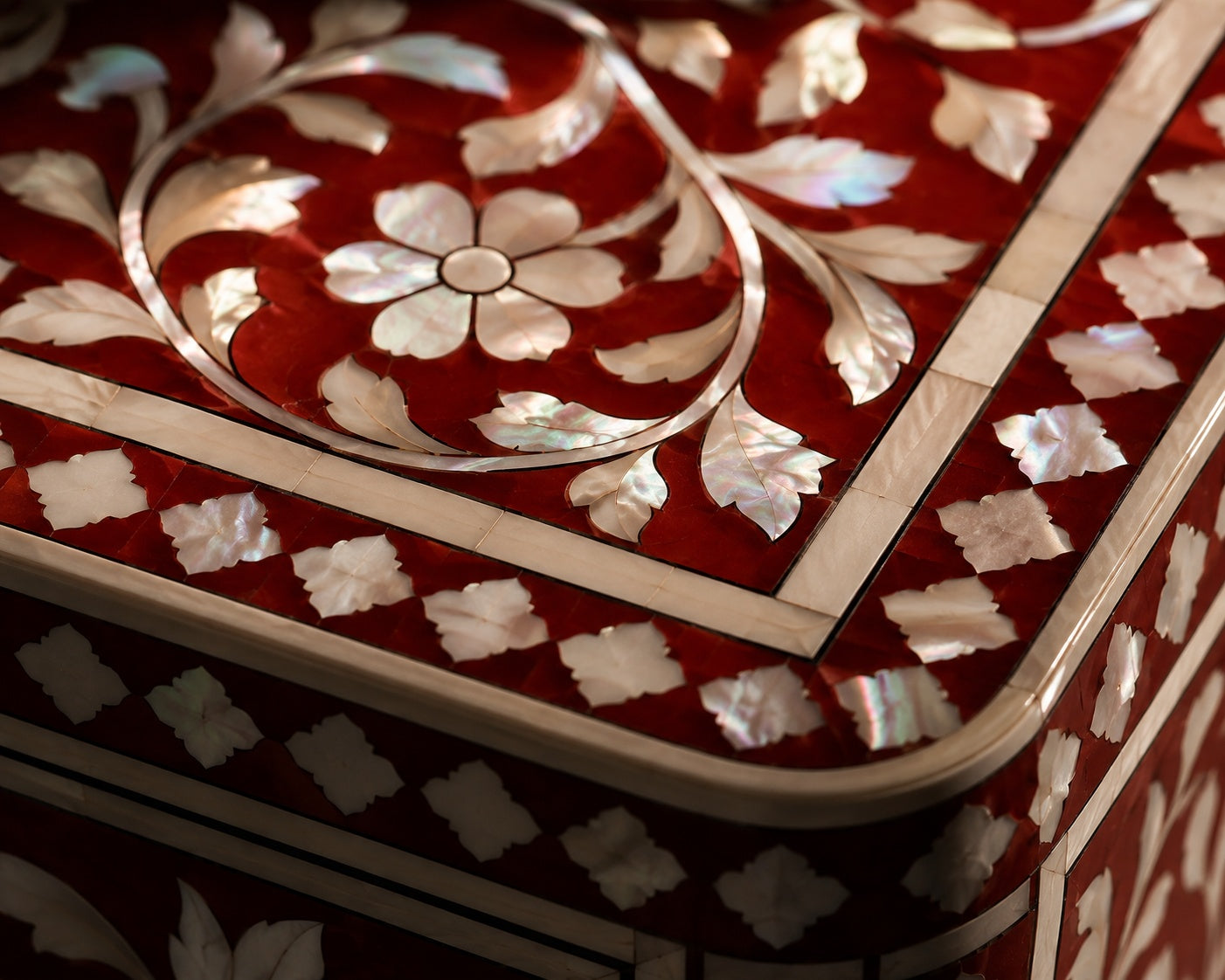 Crimson Red Mother of Pearl Inlay Nightstand — Handcrafted 2-Drawer Bedside Table