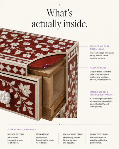 Crimson Red Mother of Pearl Inlay Nightstand — Handcrafted 2-Drawer Bedside Table