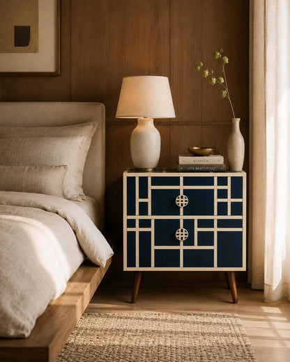 Mid Century Modern Nightstand | Navy Bone Inlay Bedside Table