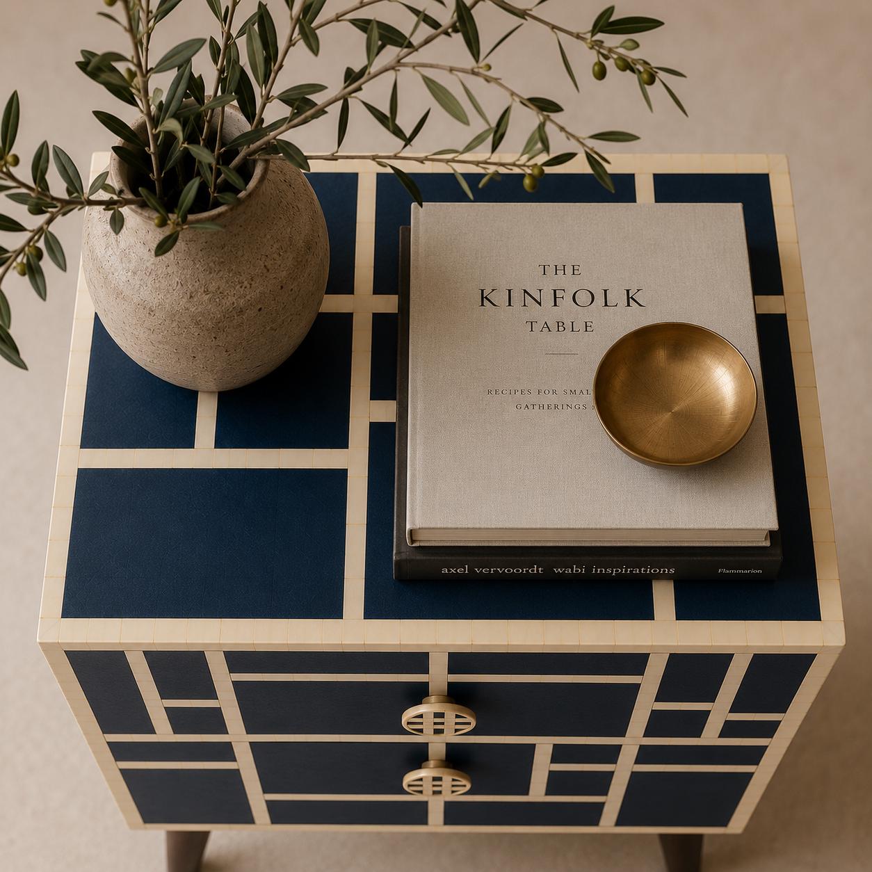 Mid Century Modern Nightstand | Navy Bone Inlay Bedside Table