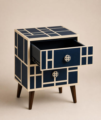 Mid Century Modern Nightstand | Navy Bone Inlay Bedside Table