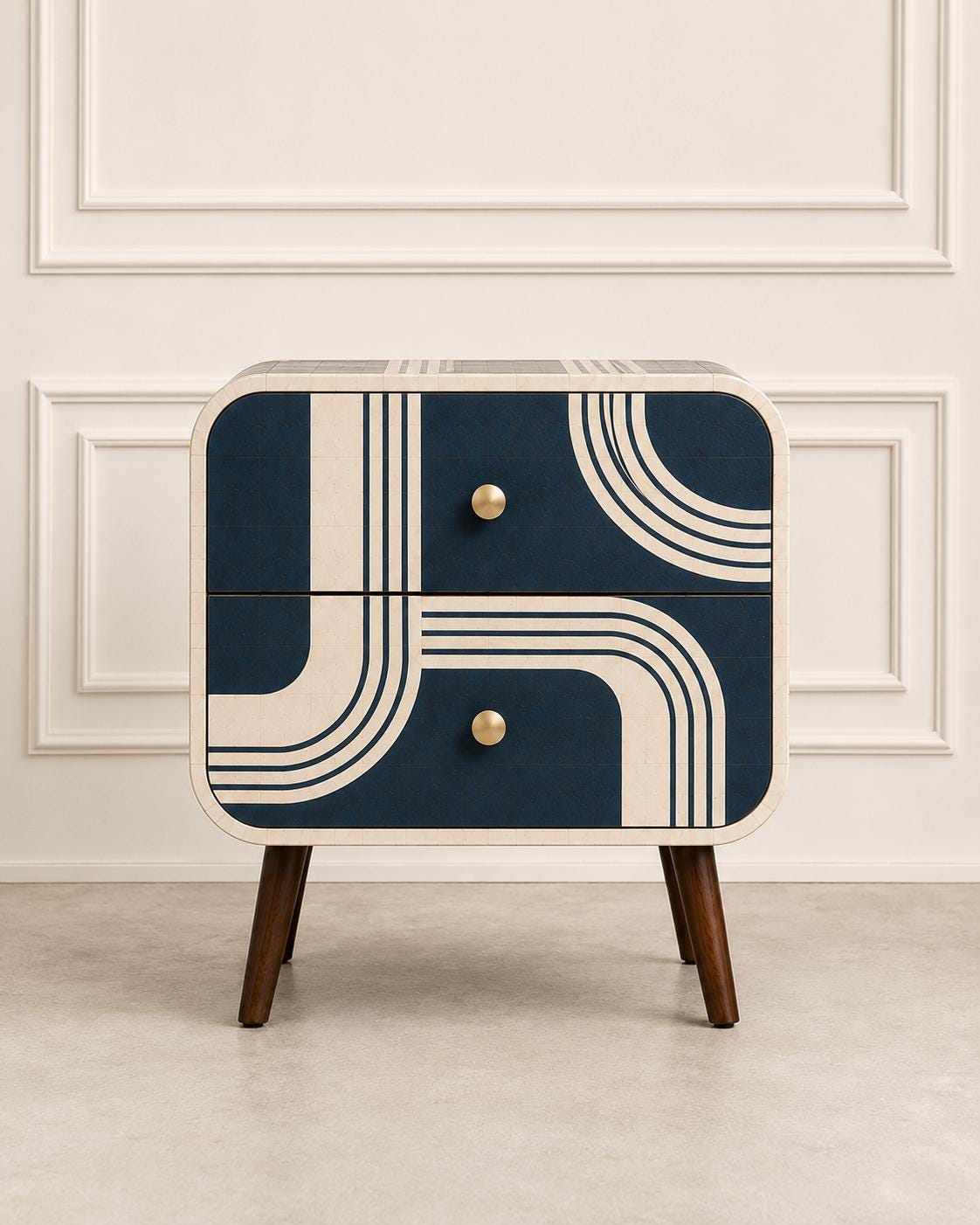 Art Deco Bone Inlay Nightstand, Navy Blue Curved Line Two Drawer Bedside Table, Brass Knobs, Walnut Legs