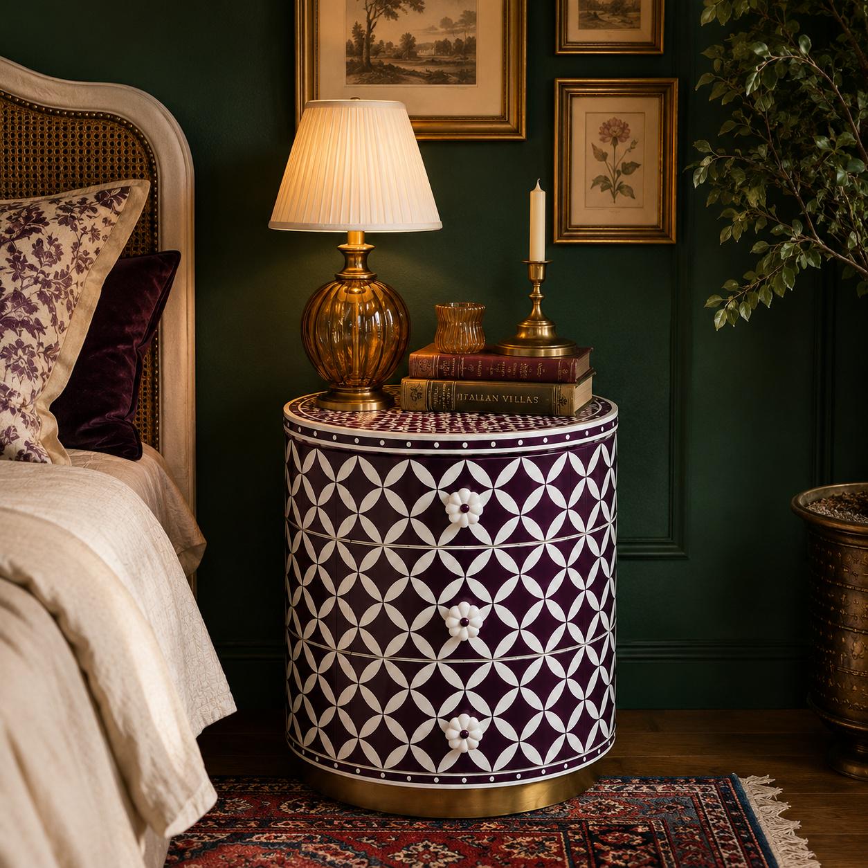 Round Bone Inlay Nightstand | Purple Moroccan 3-Drawer Table