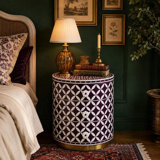Round Bone Inlay Nightstand | Purple Moroccan 3-Drawer Table