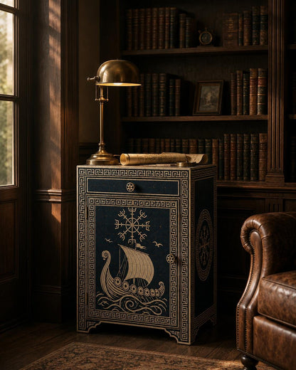 Navy Bone Inlay Nightstand | Nautical Bedside Cabinet with Door