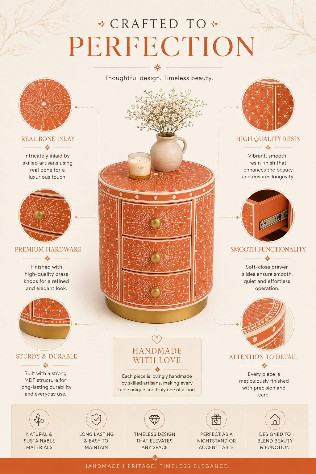 Round Bone Inlay Nightstand | Terracotta 3-Drawer Drum Table