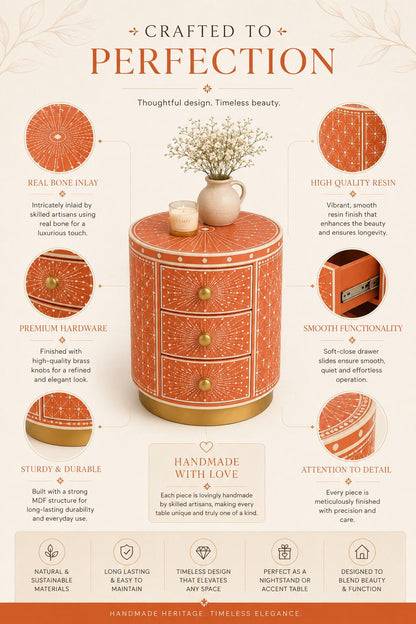 Round Bone Inlay Nightstand | Terracotta 3-Drawer Drum Table