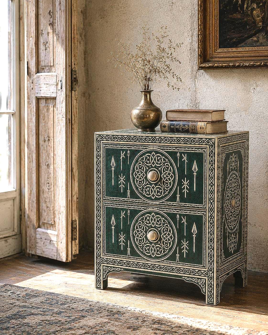 Emerald Green Bone Inlay Nightstand | Moroccan 2-Drawer Table