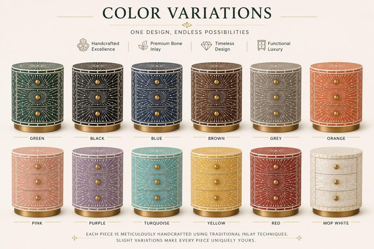 Round Bone Inlay Nightstand | Terracotta 3-Drawer Drum Table