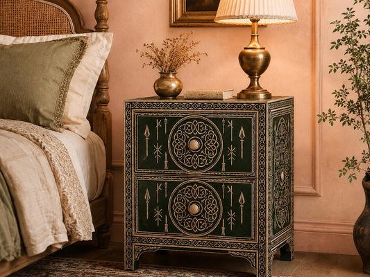 Emerald Green Bone Inlay Nightstand | Moroccan 2-Drawer Table