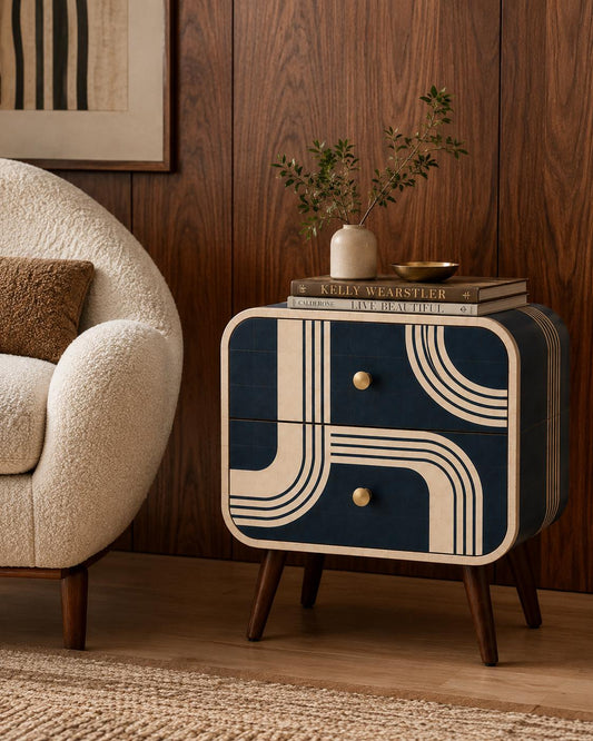 Art Deco Bone Inlay Nightstand, Navy Blue Curved Line Two Drawer Bedside Table, Brass Knobs, Walnut Legs