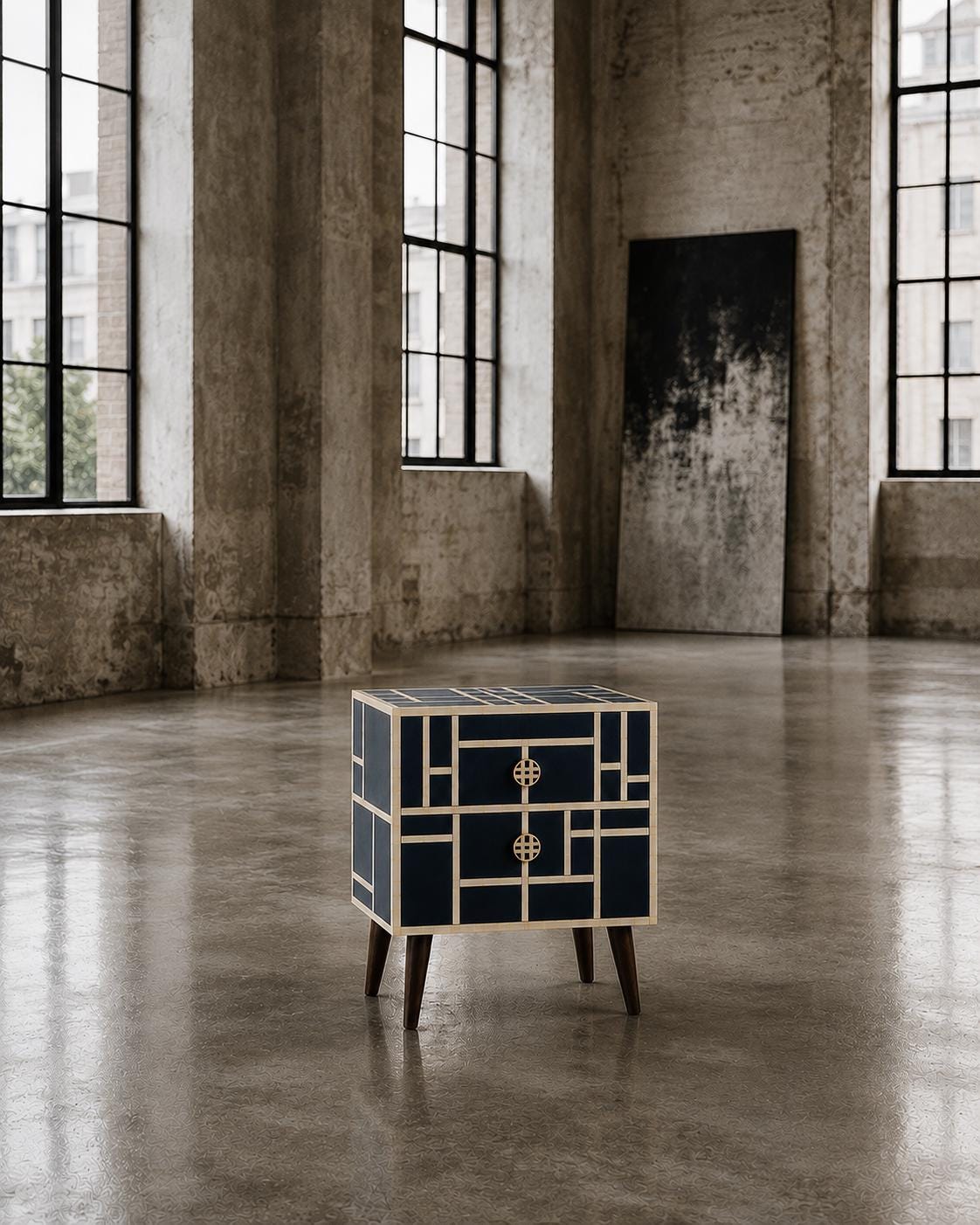 Mid Century Modern Nightstand | Navy Bone Inlay Bedside Table