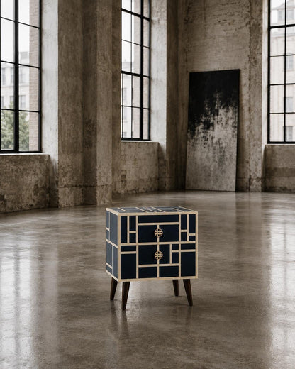 Mid Century Modern Nightstand | Navy Bone Inlay Bedside Table
