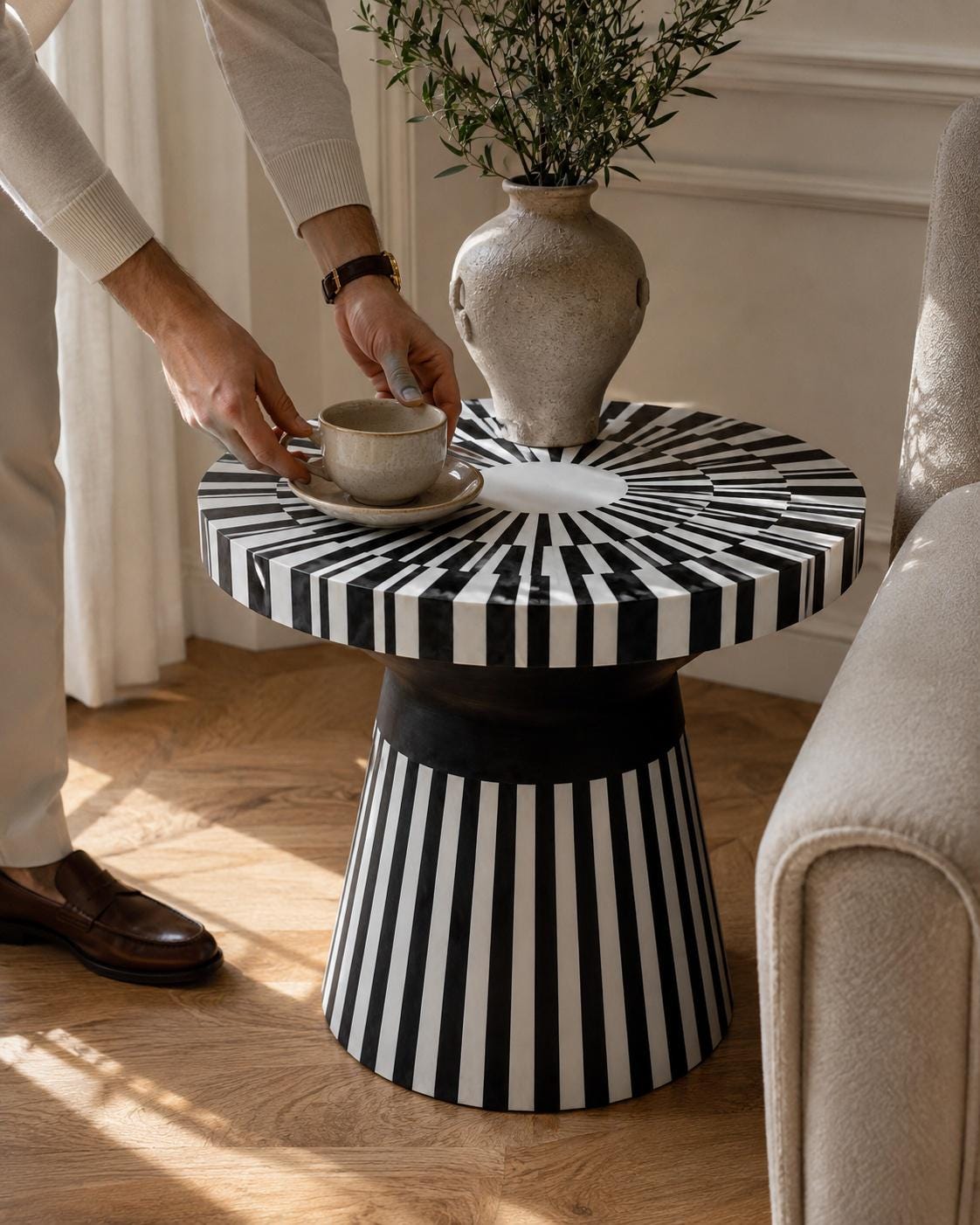 Bone Inlay Side Table | Black and White Striped Drum Accent Table