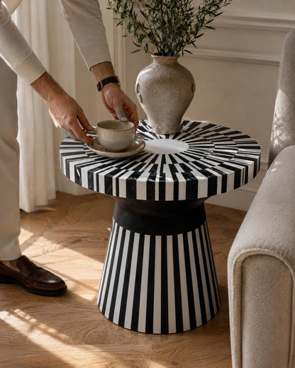 Bone Inlay Side Table | Black and White Striped Drum Accent Table