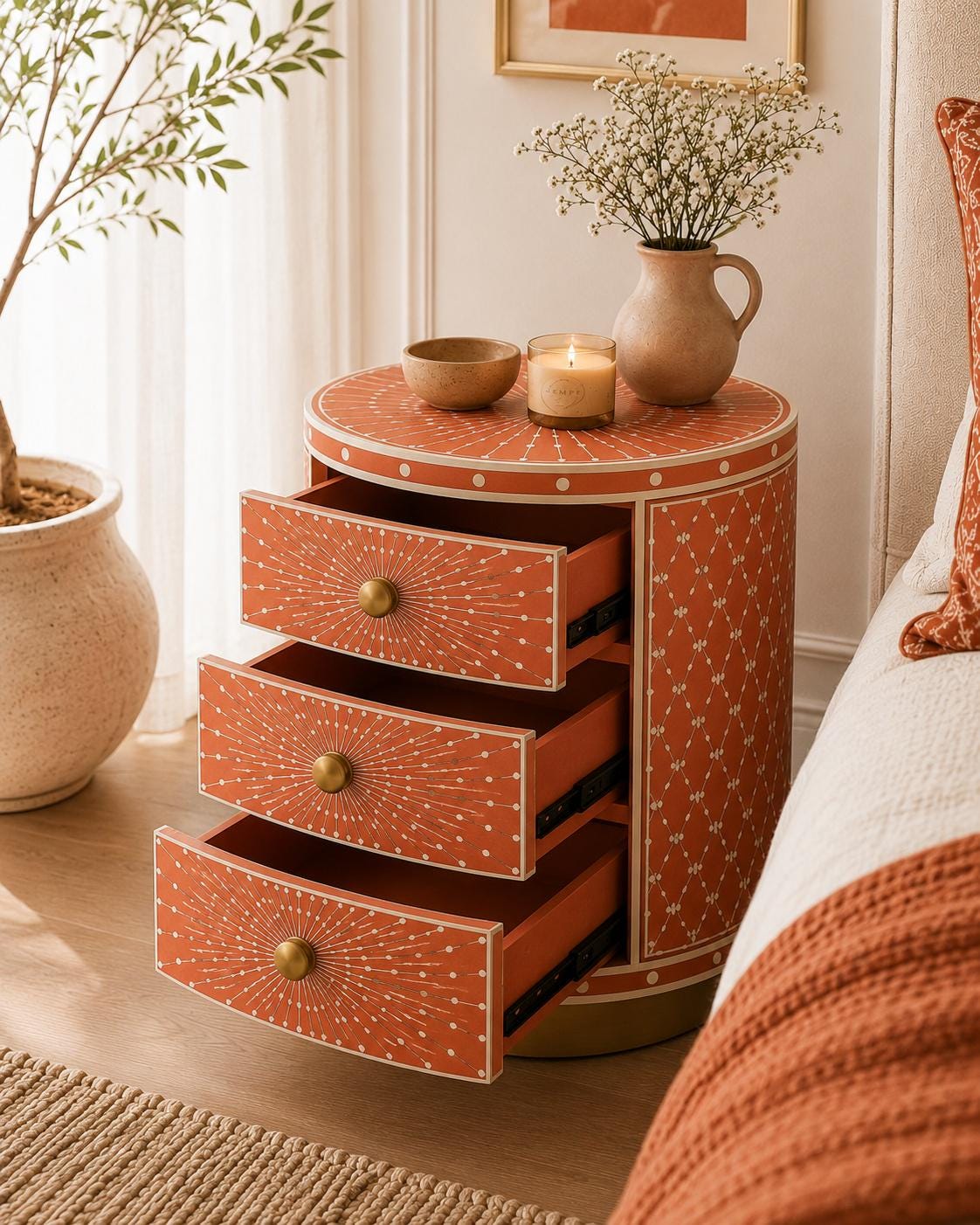 Round Bone Inlay Nightstand | Terracotta 3-Drawer Drum Table