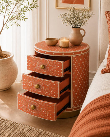 Round Bone Inlay Nightstand | Terracotta 3-Drawer Drum Table