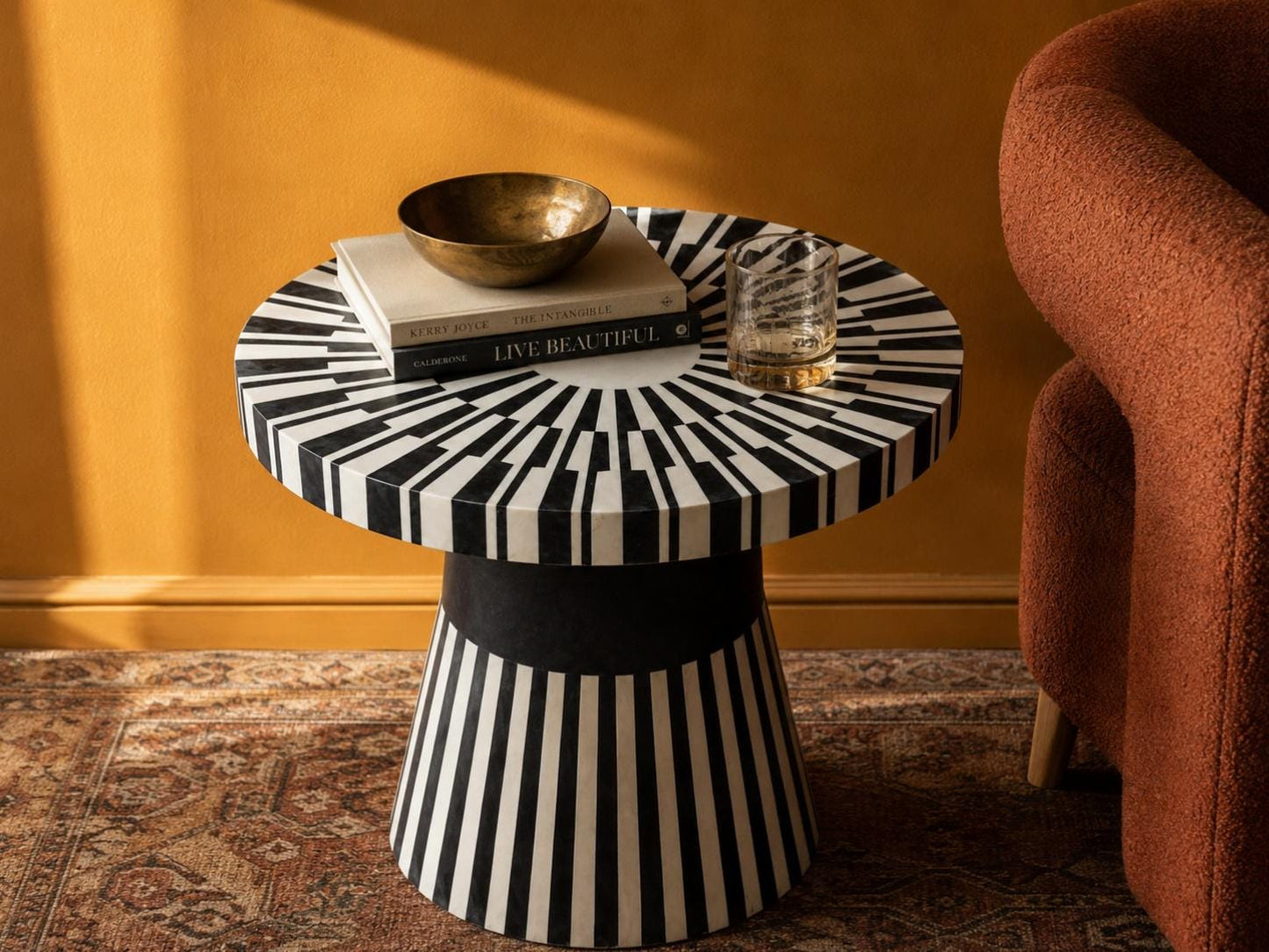 Bone Inlay Side Table | Black and White Striped Drum Accent Table
