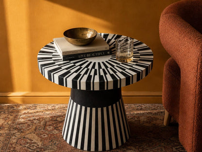 Bone Inlay Side Table | Black and White Striped Drum Accent Table