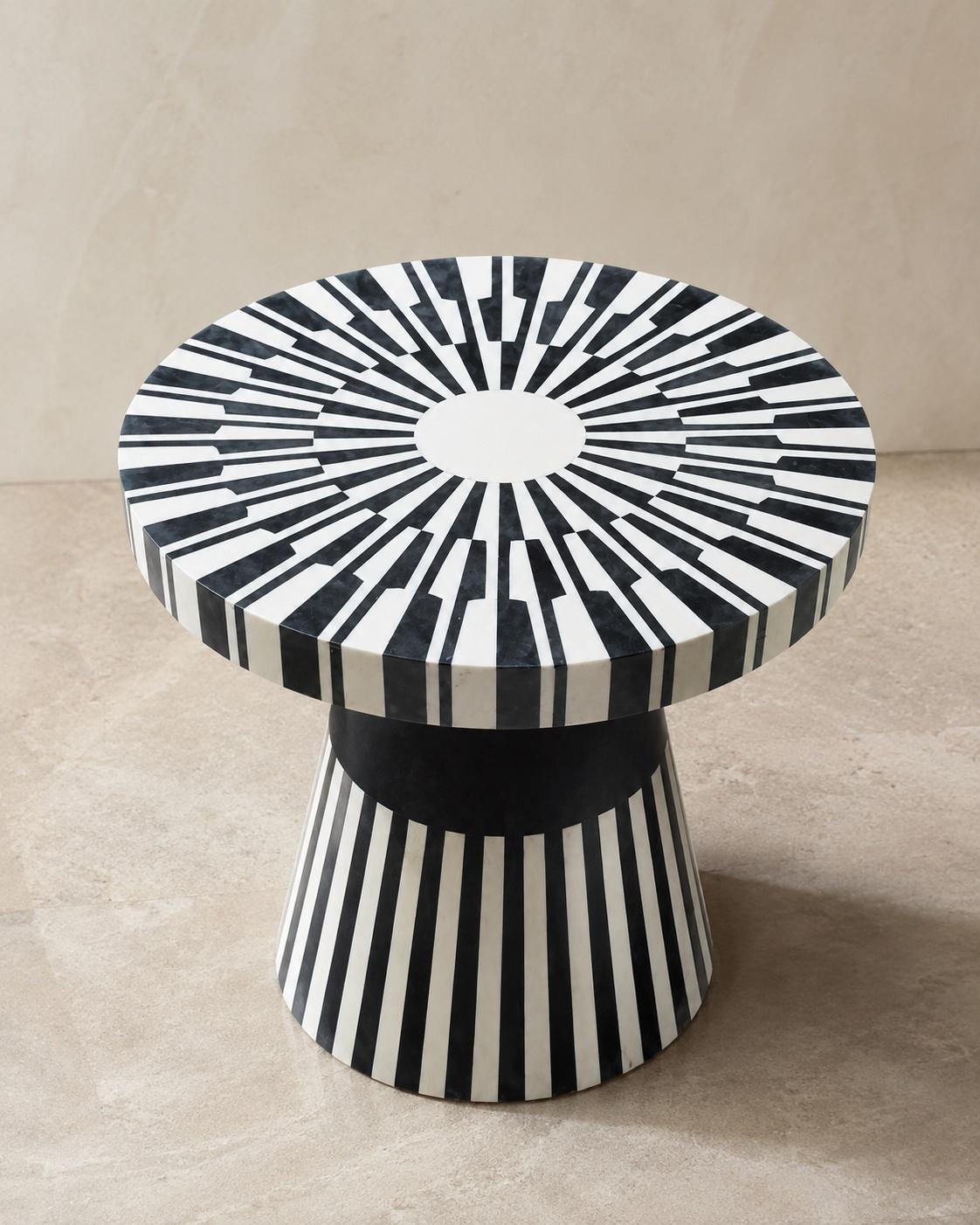 Bone Inlay Side Table | Black and White Striped Drum Accent Table