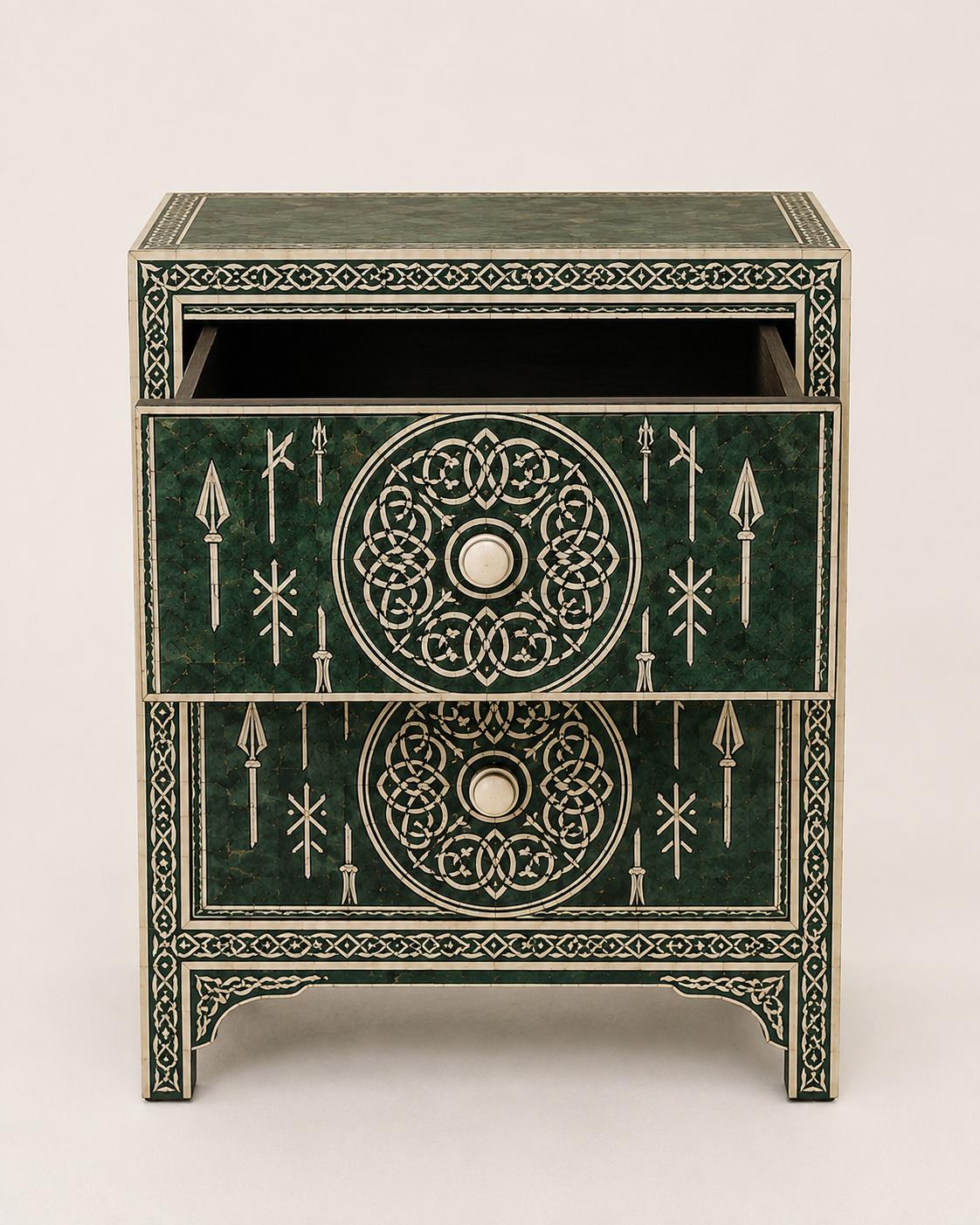 Emerald Green Bone Inlay Nightstand | Moroccan 2-Drawer Table