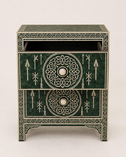 Emerald Green Bone Inlay Nightstand | Moroccan 2-Drawer Table