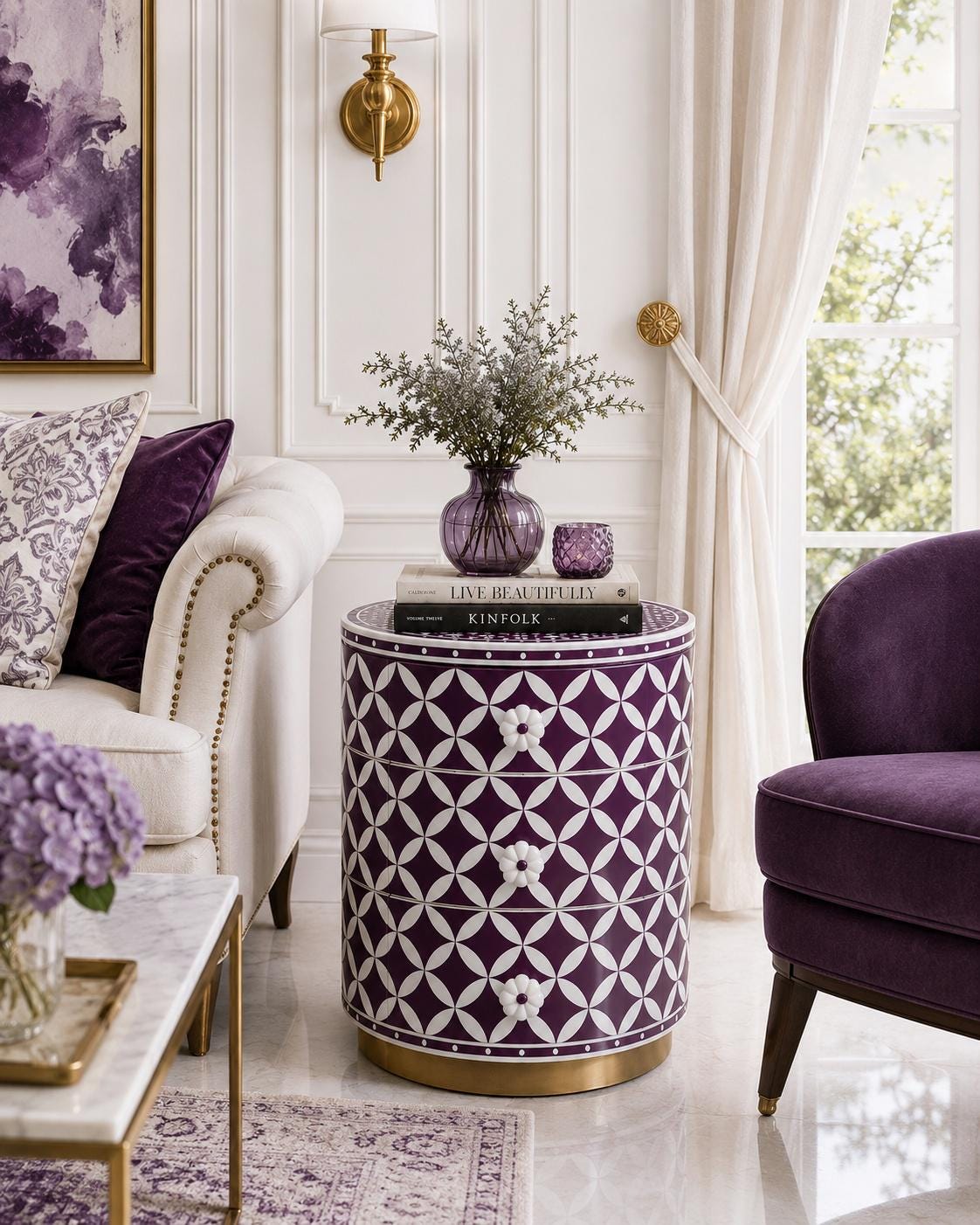 Round Bone Inlay Nightstand | Purple Moroccan 3-Drawer Table
