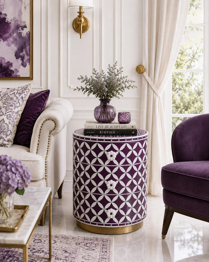 Round Bone Inlay Nightstand | Purple Moroccan 3-Drawer Table