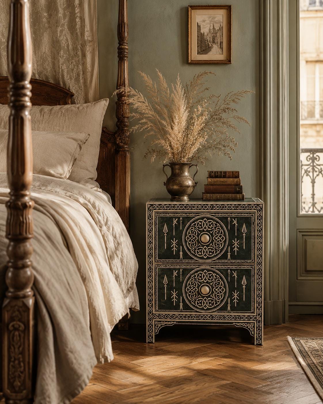 Emerald Green Bone Inlay Nightstand | Moroccan 2-Drawer Table
