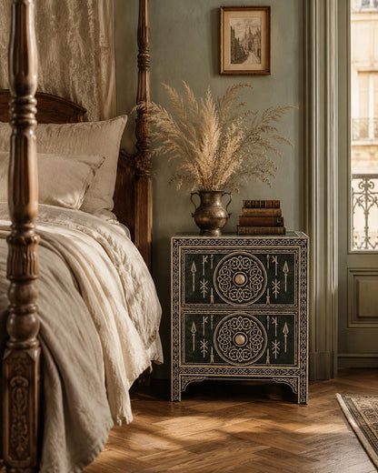 Emerald Green Bone Inlay Nightstand | Moroccan 2-Drawer Table