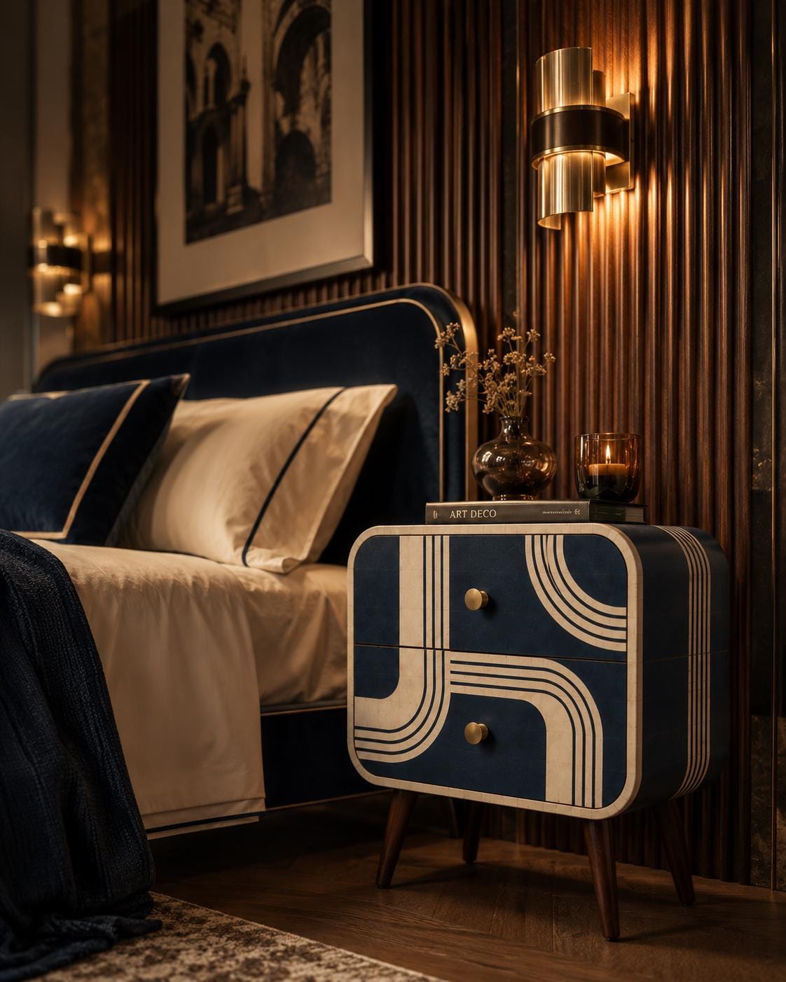 Art Deco Bone Inlay Nightstand, Navy Blue Curved Line Two Drawer Bedside Table, Brass Knobs, Walnut Legs