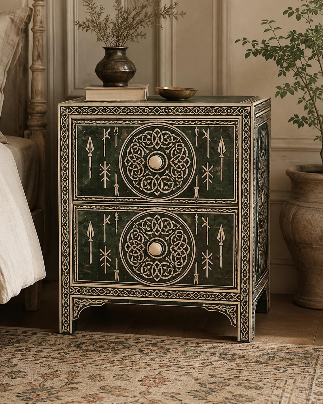 Emerald Green Bone Inlay Nightstand | Moroccan 2-Drawer Table