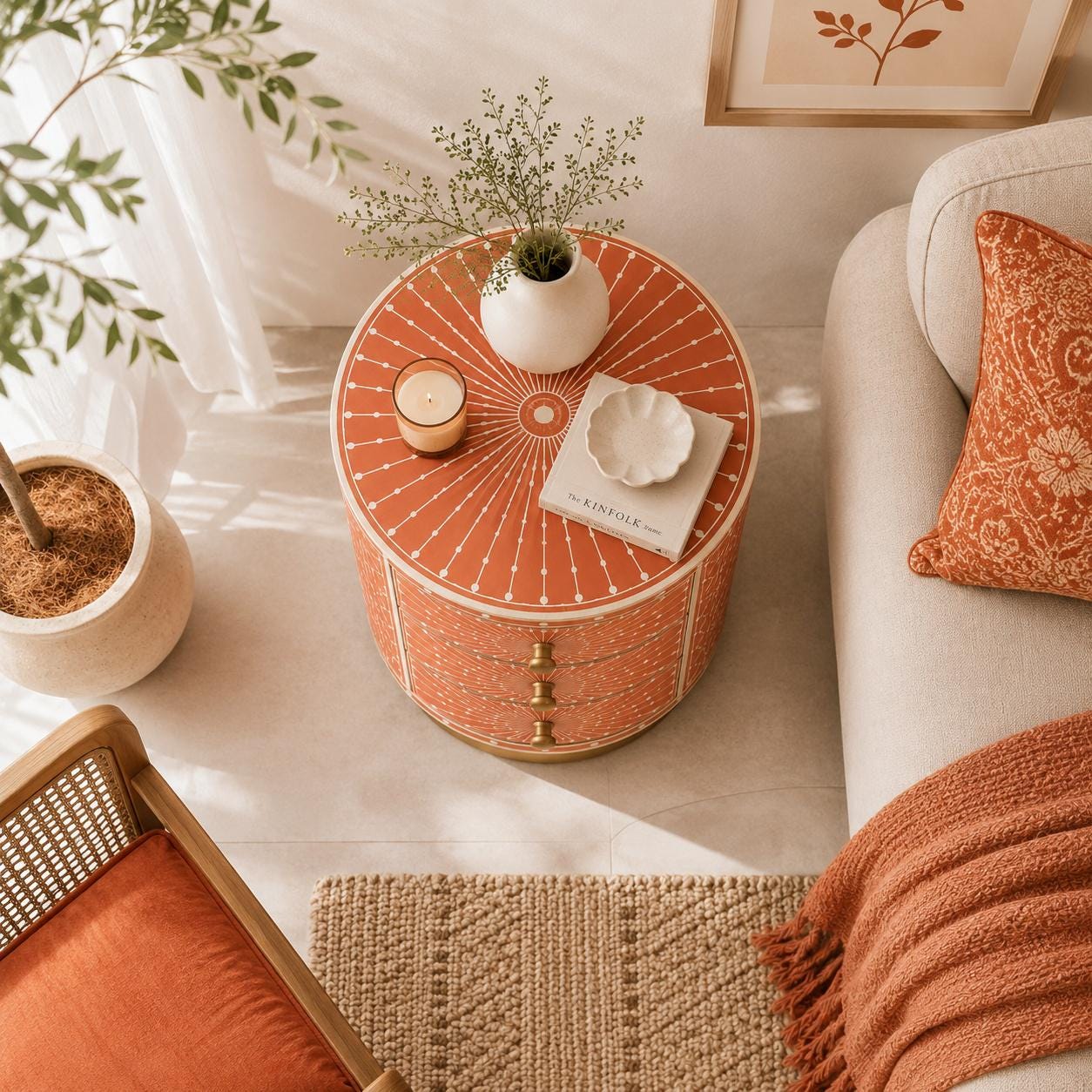 Round Bone Inlay Nightstand | Terracotta 3-Drawer Drum Table