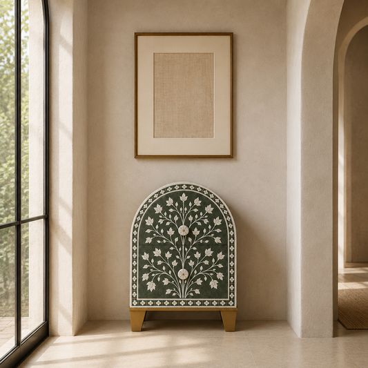 Forest Green Arched Bone Inlay Nightstand | Handcrafted Tree of Life Bedside Table