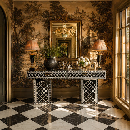 Black Bone Inlay Console Table | Moorish Lattice, 2 Drawers